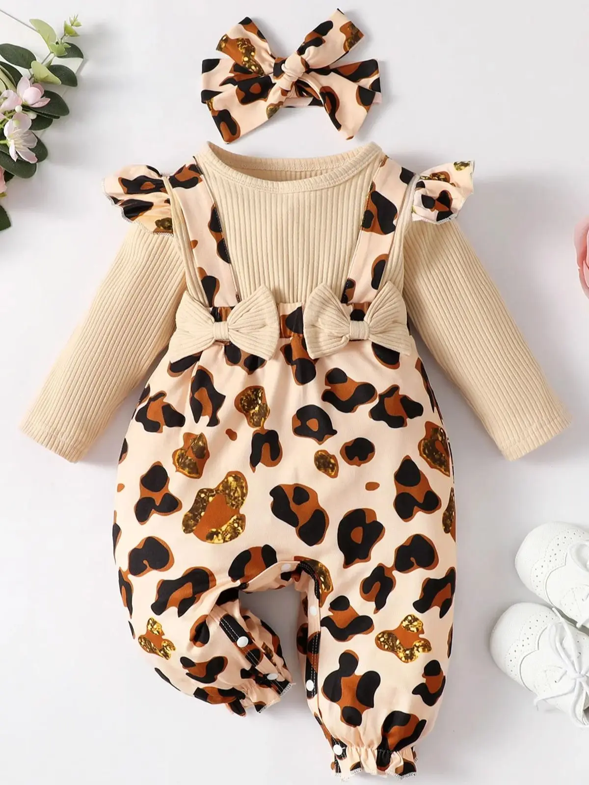 Baby Girl Leopard Jumpsuit Set – Ruffle Trim & Headband - Image 7