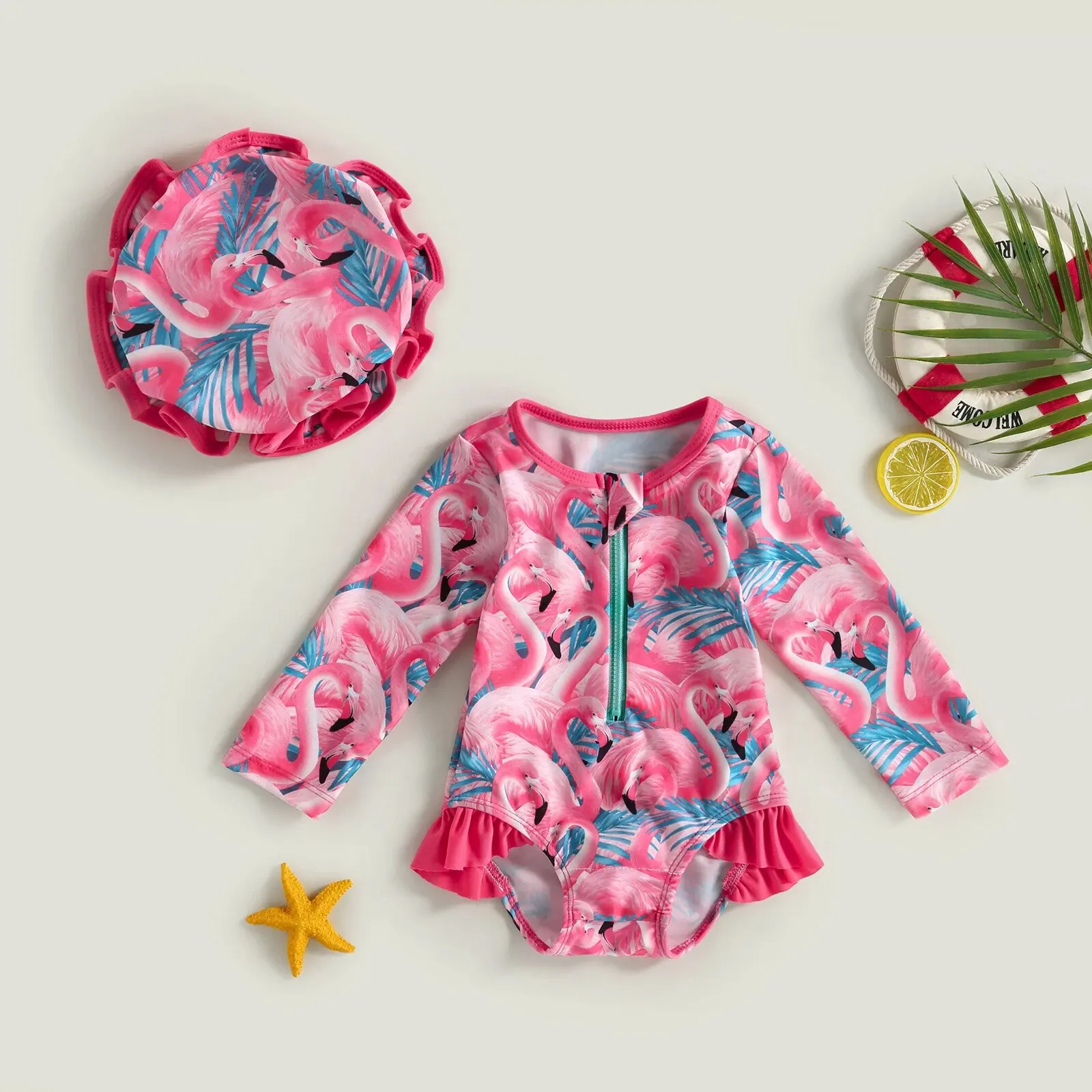 Baby Girl One-Piece Swimsuit – Floral Flamingo Print - Image 21