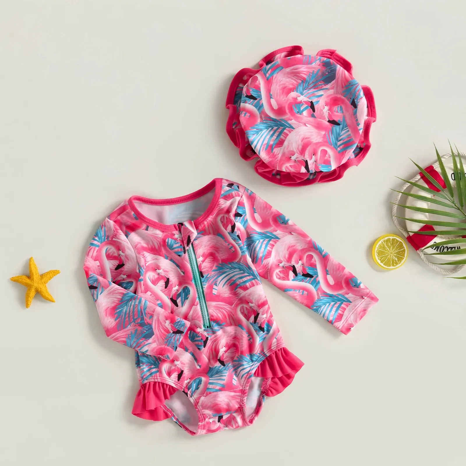 Baby Girl One-Piece Swimsuit – Floral Flamingo Print - Image 25