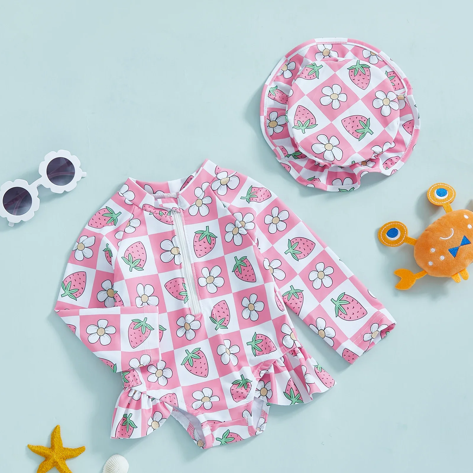 Baby Girls Floral Rash Guard with Hat – Zip Up - Image 10
