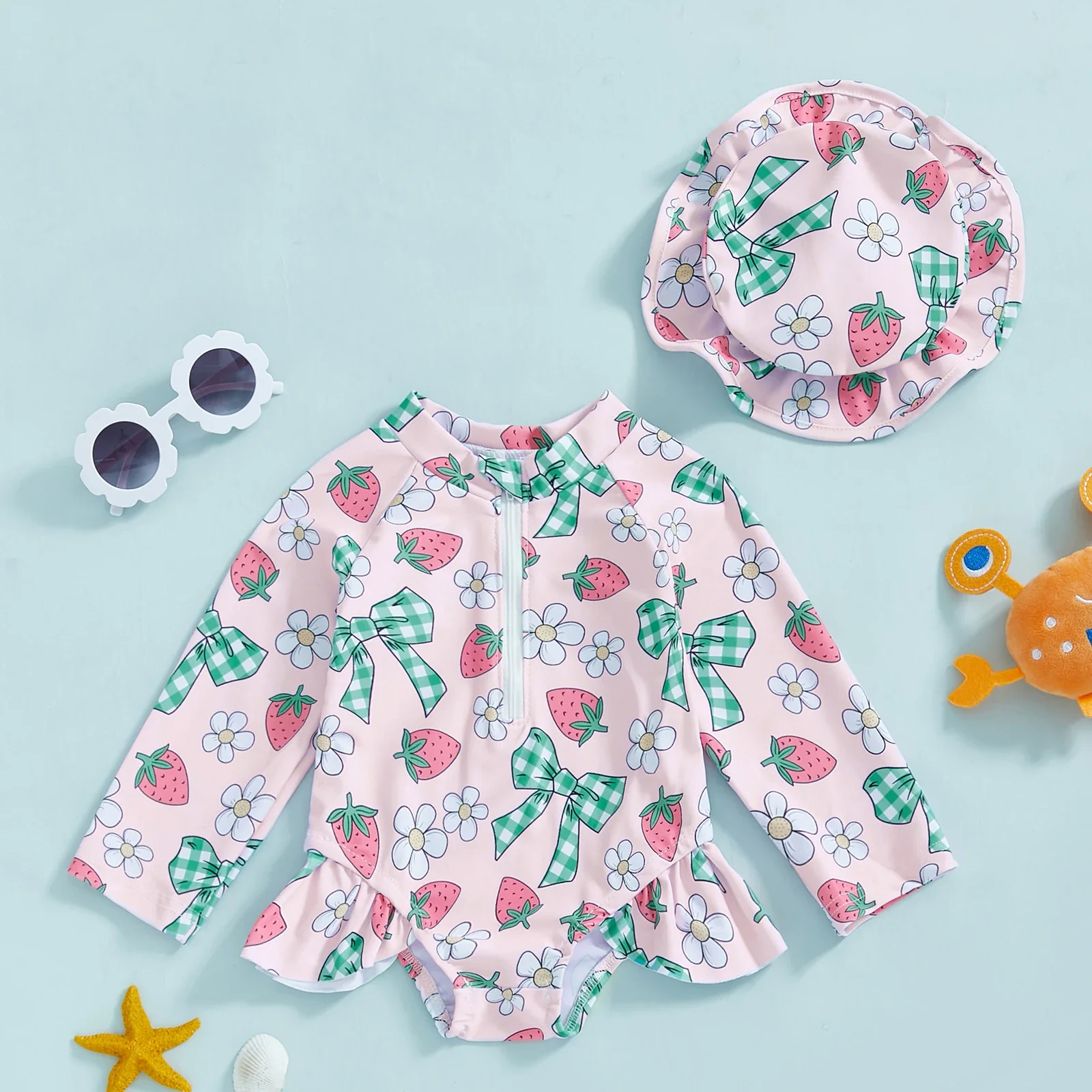 Baby Girls Floral Rash Guard with Hat – Zip Up - Image 15