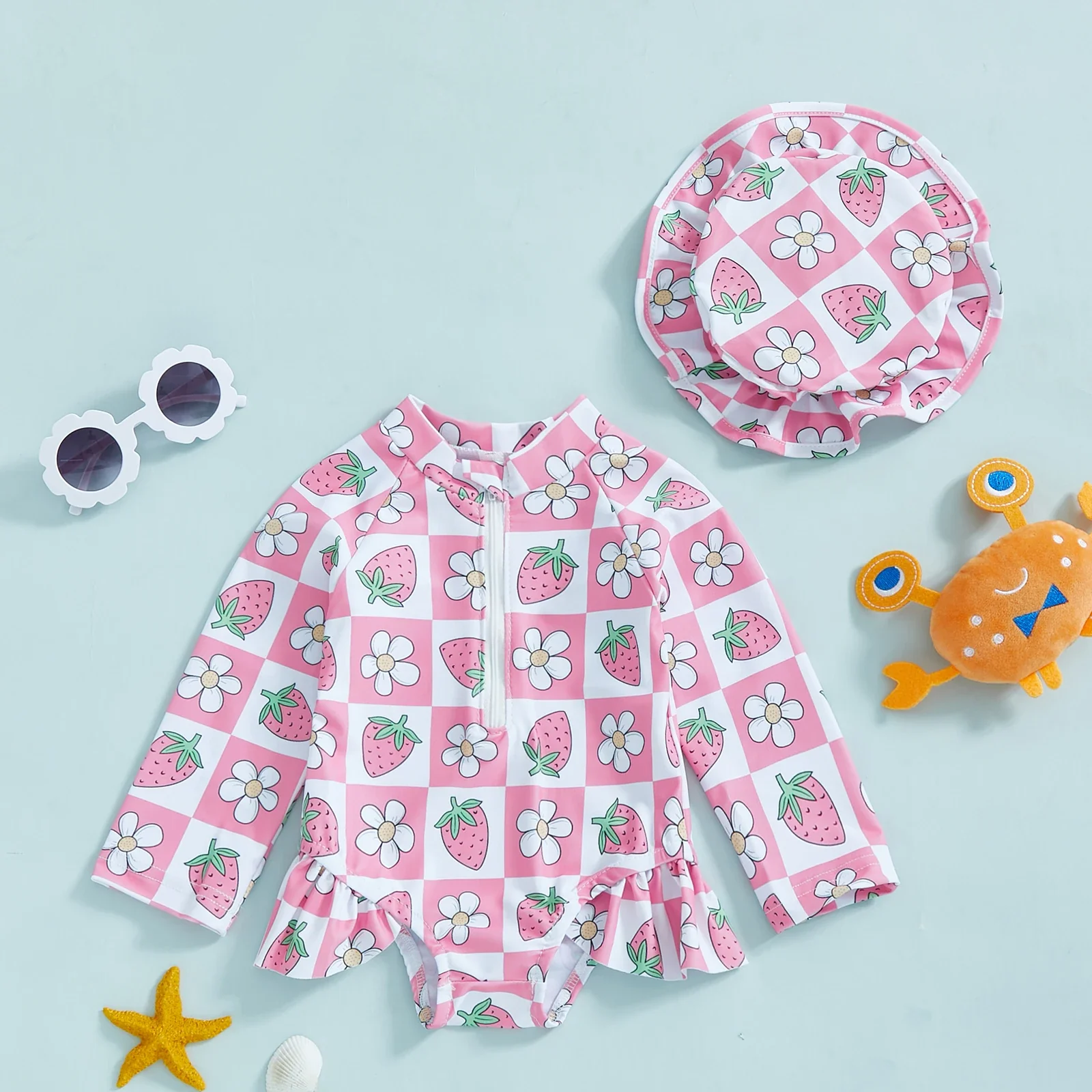 Baby Girls Floral Rash Guard with Hat – Zip Up - Image 16