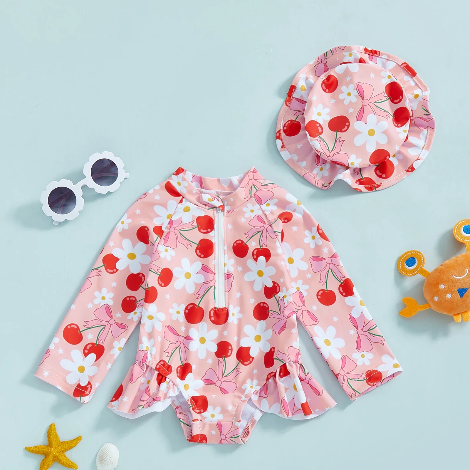 Baby Girls Floral Rash Guard with Hat – Zip Up - Image 20