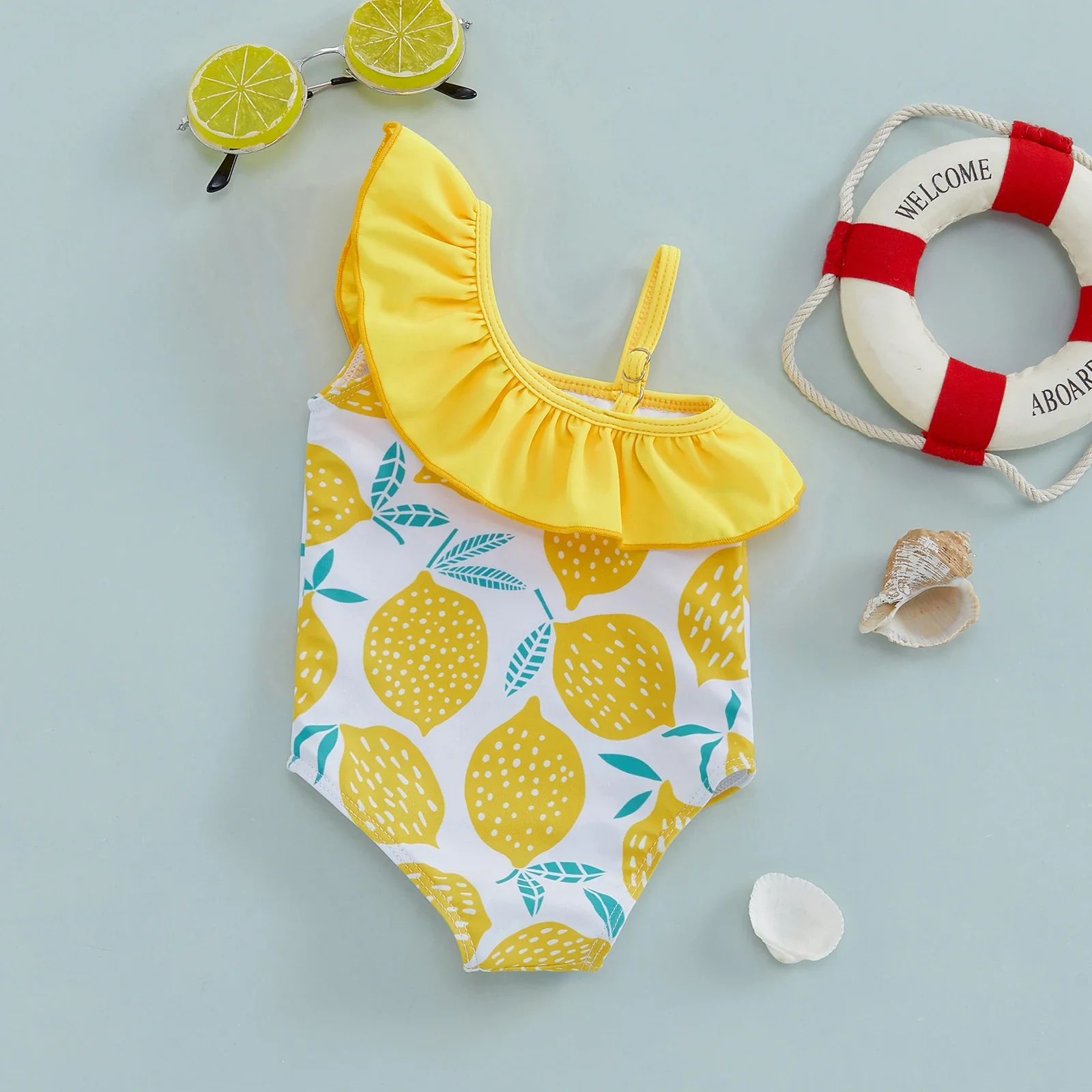 Baby Girls One-Shoulder Swimsuit – Lemon Print - Image 3