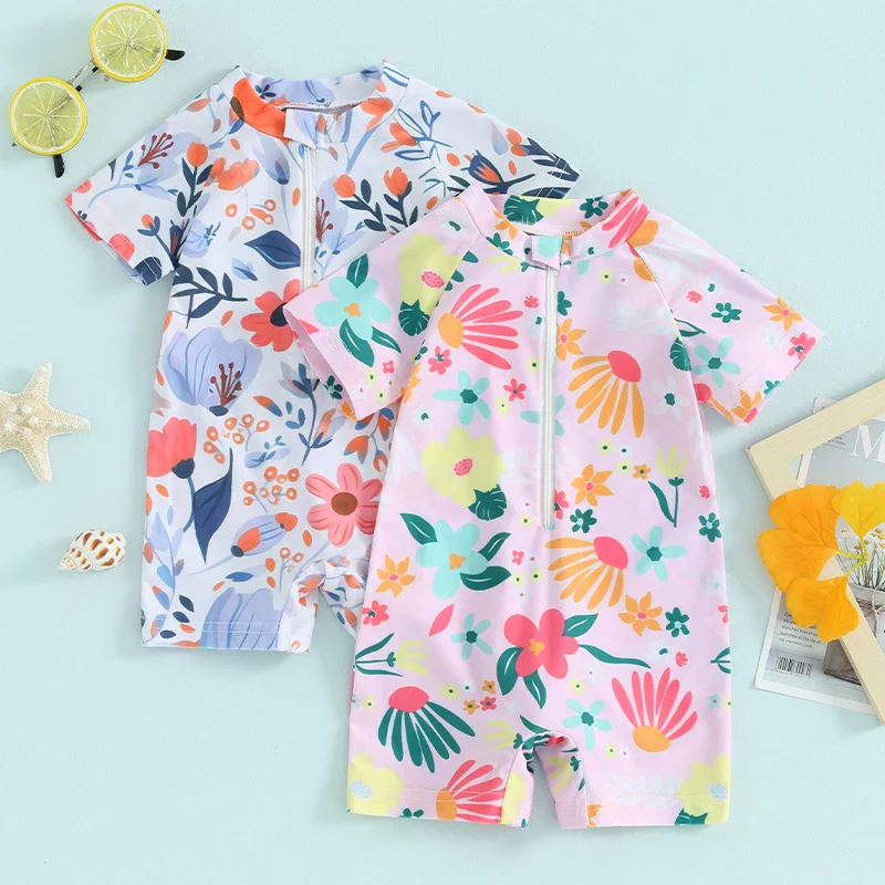 Baby Girls Rash Guard Romper – Floral Zip Up