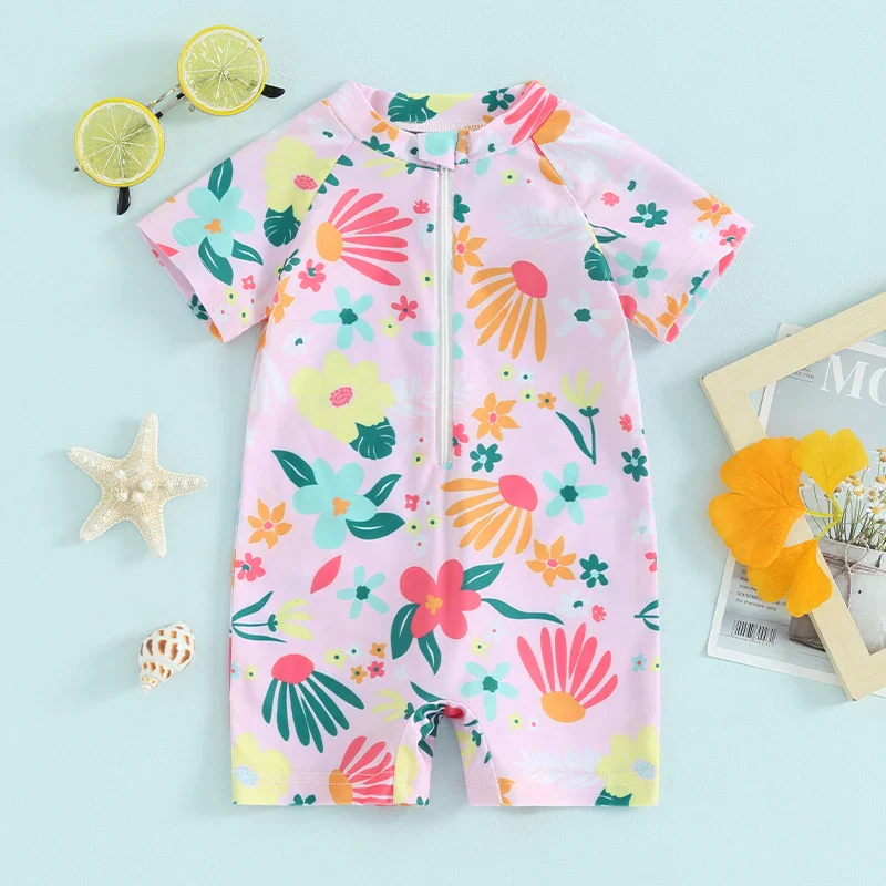 Baby Girls Rash Guard Romper – Floral Zip Up - Image 2