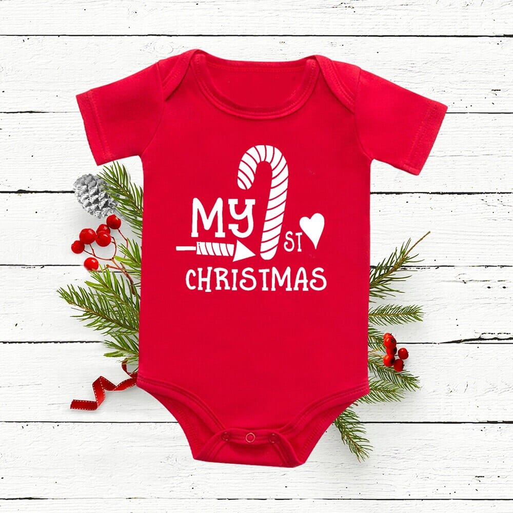 Christmas Deer Tree Print Baby Red Romper - Image 4