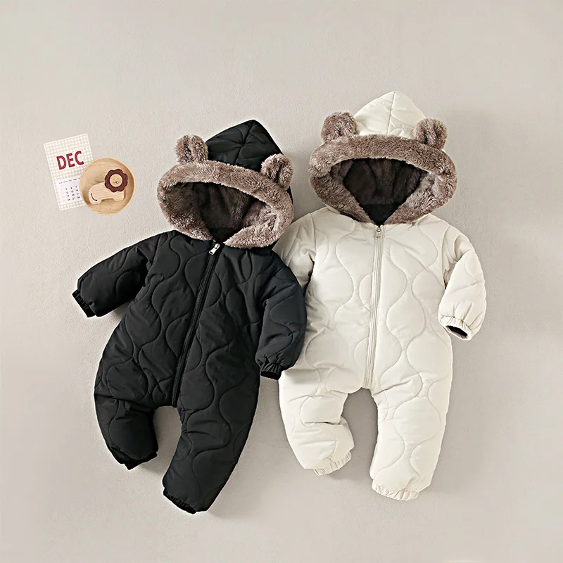 Baby Winter Jumpsuit Fur Lined Warm Cartoon Print