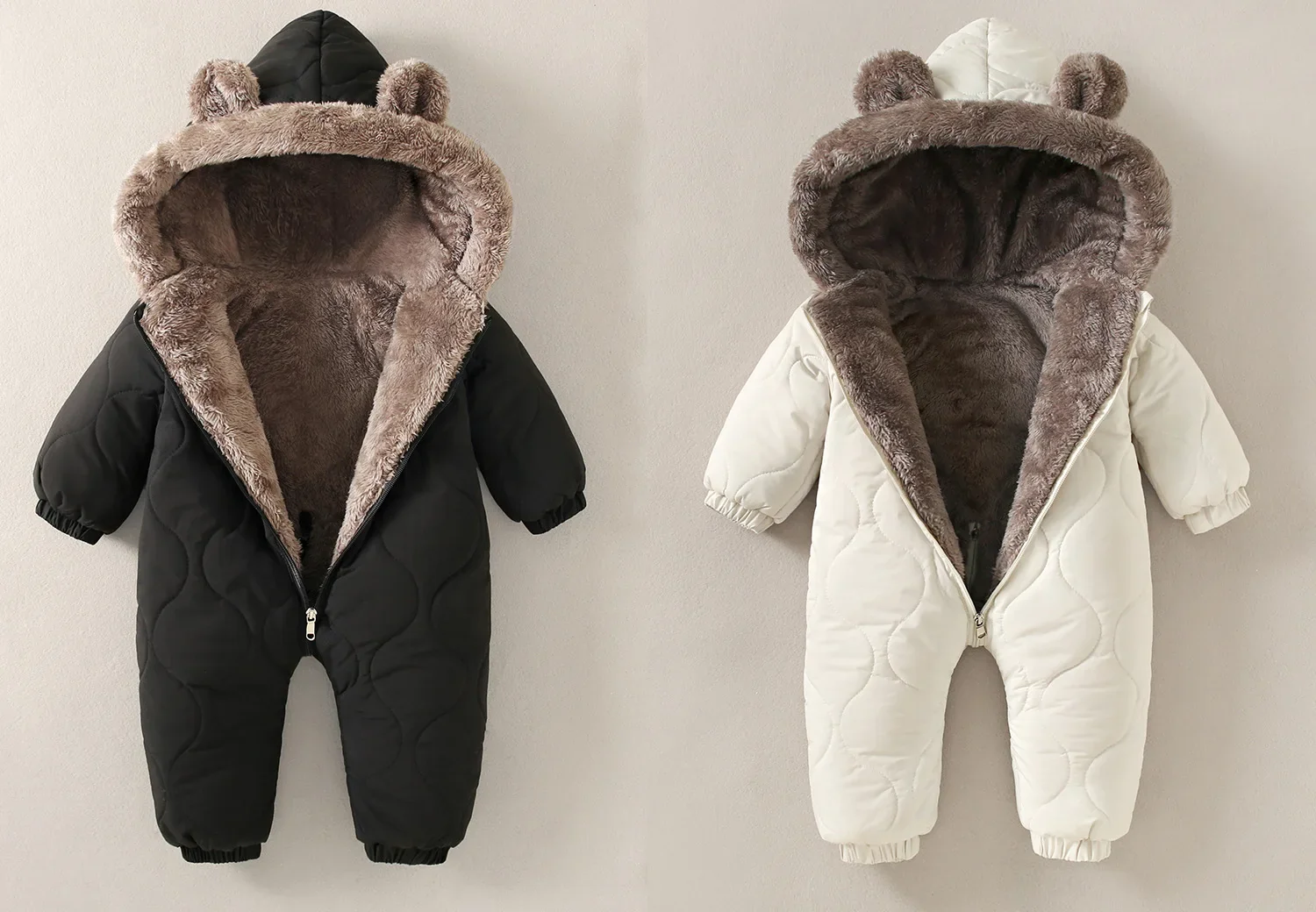 Baby Winter Jumpsuit Fur Lined Warm Cartoon Print - Image 4